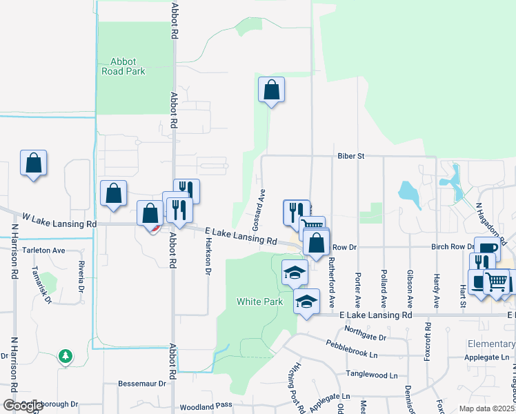 map of restaurants, bars, coffee shops, grocery stores, and more near 6169 Gossard Avenue in East Lansing