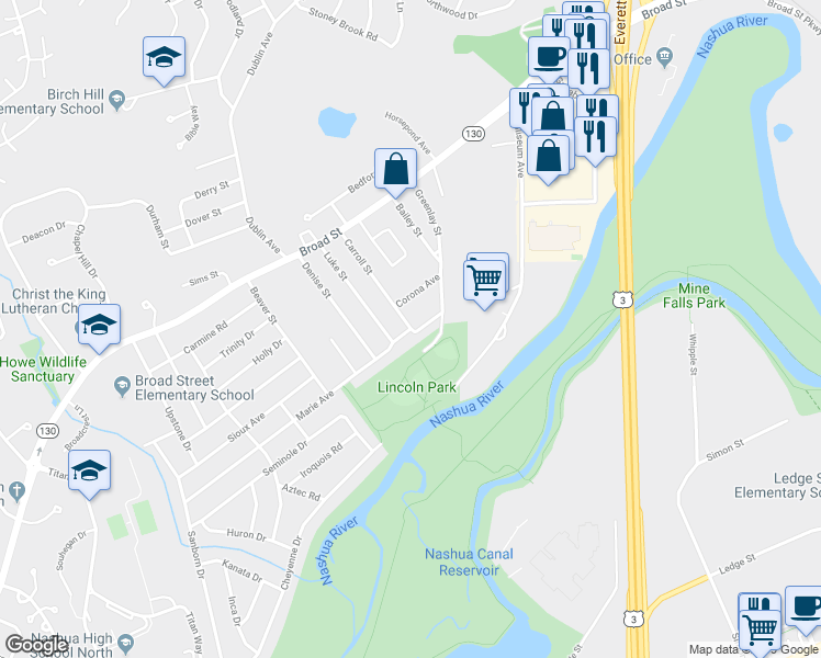 map of restaurants, bars, coffee shops, grocery stores, and more near 6 Marie Avenue in Nashua