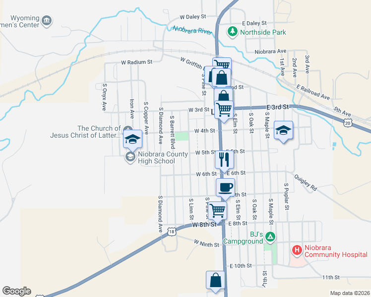 map of restaurants, bars, coffee shops, grocery stores, and more near 401-499 S Barrett Blvd in Lusk