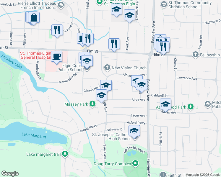 map of restaurants, bars, coffee shops, grocery stores, and more near 13 Dunwich Drive in St. Thomas