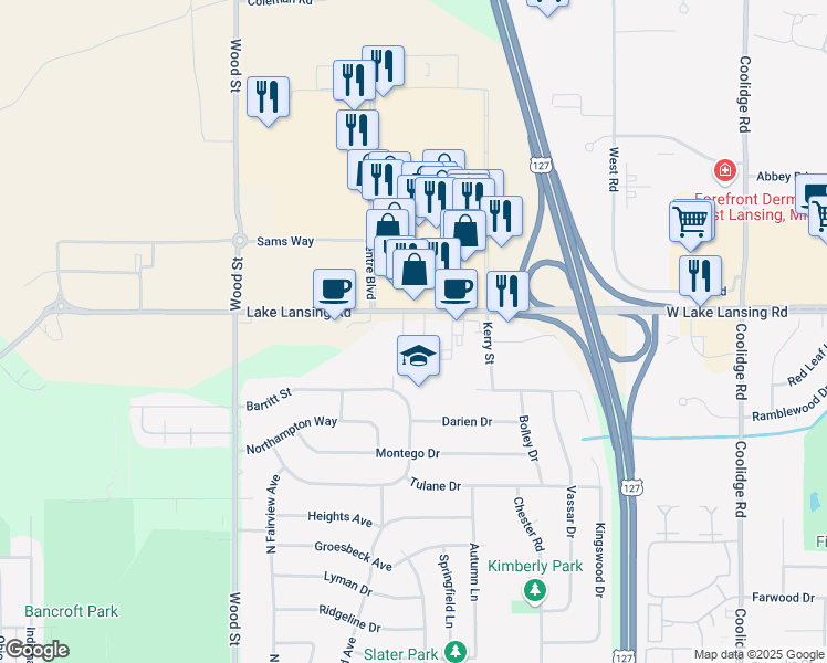 map of restaurants, bars, coffee shops, grocery stores, and more near 2502 Lake Lansing Road in Lansing