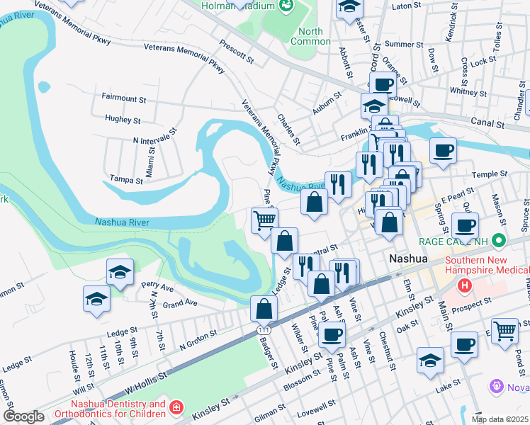 map of restaurants, bars, coffee shops, grocery stores, and more near 1 Pine Street in Nashua