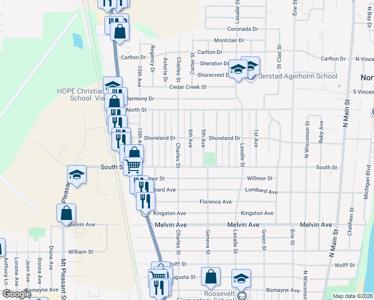 map of restaurants, bars, coffee shops, grocery stores, and more near 3343 Charles Street in Racine