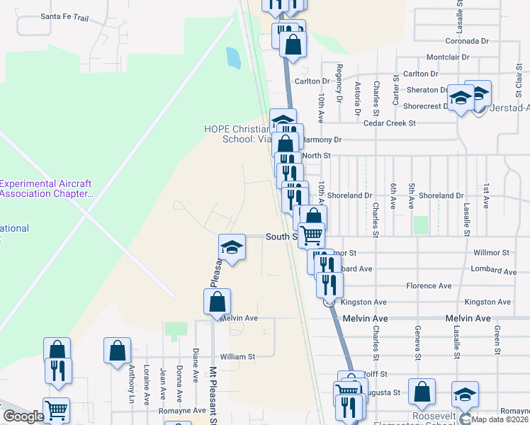 map of restaurants, bars, coffee shops, grocery stores, and more near 1800 South Street in Racine
