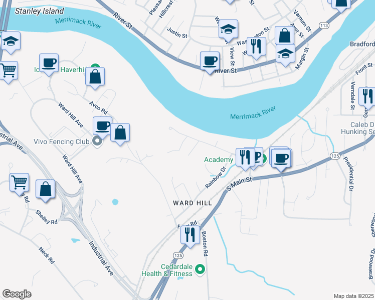 map of restaurants, bars, coffee shops, grocery stores, and more near 5 Riverbank Circle in Haverhill