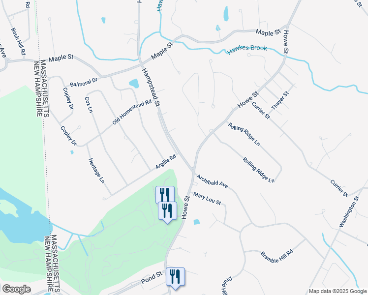 map of restaurants, bars, coffee shops, grocery stores, and more near 17 Hampstead Street in Methuen