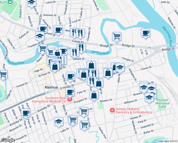 map of restaurants, bars, coffee shops, grocery stores, and more near 15 Worcester Street in Nashua