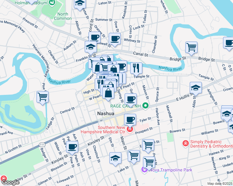 map of restaurants, bars, coffee shops, grocery stores, and more near 30 Spring Street in Nashua