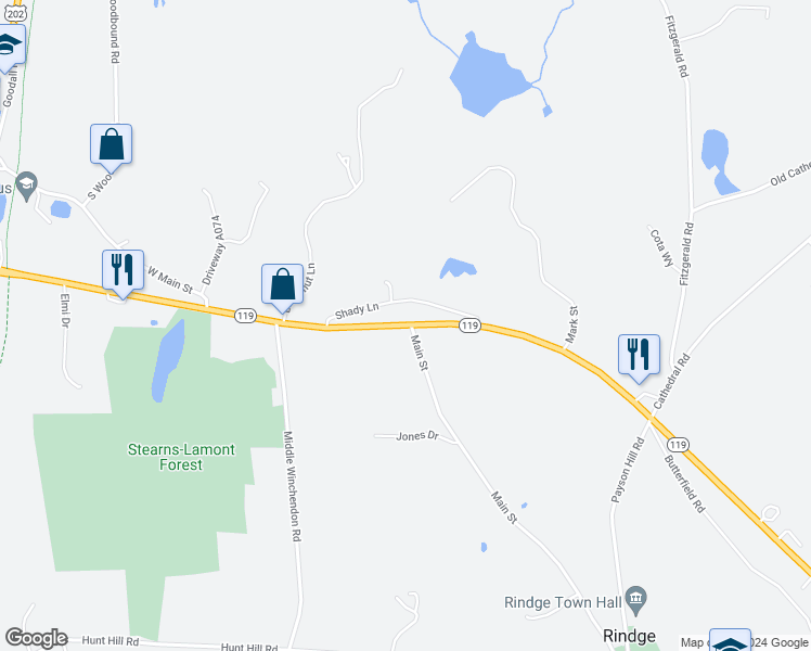 map of restaurants, bars, coffee shops, grocery stores, and more near 334 Main Street in Rindge