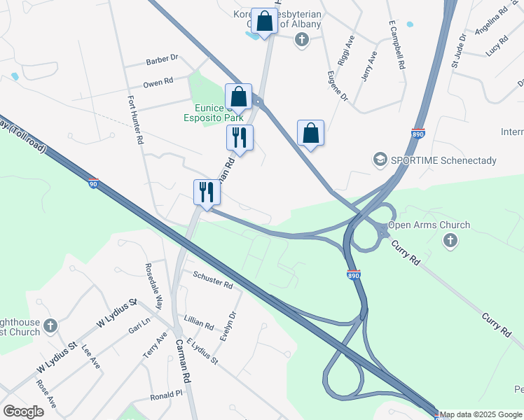 map of restaurants, bars, coffee shops, grocery stores, and more near 3151 Marra Lane in Schenectady