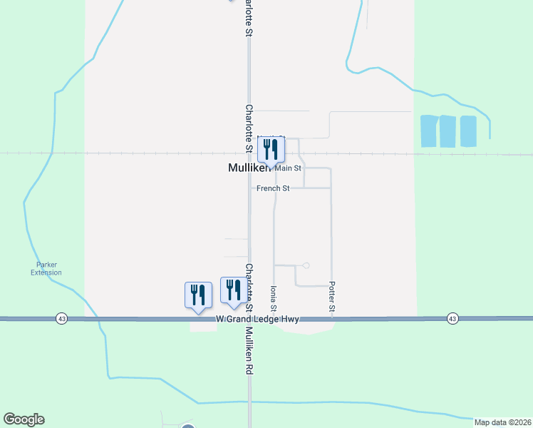 map of restaurants, bars, coffee shops, grocery stores, and more near 238 Ionia Street in Mulliken