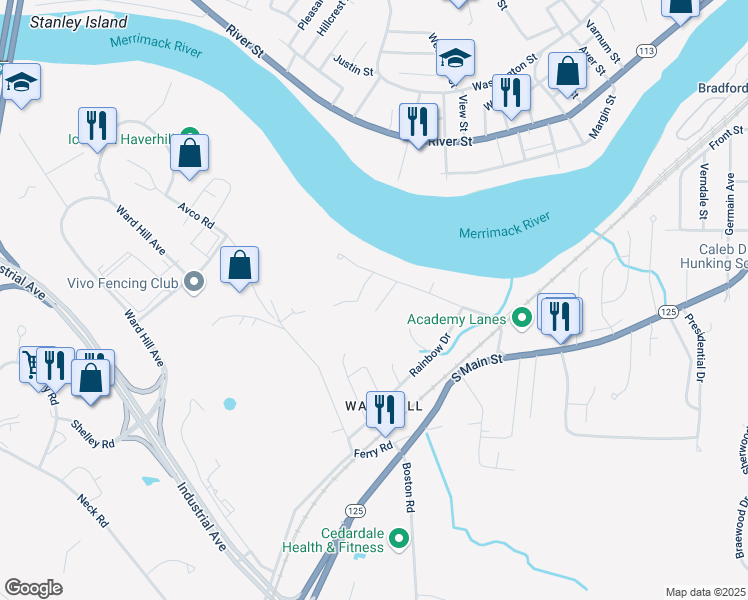 map of restaurants, bars, coffee shops, grocery stores, and more near 5 Riverbank Circle in Haverhill