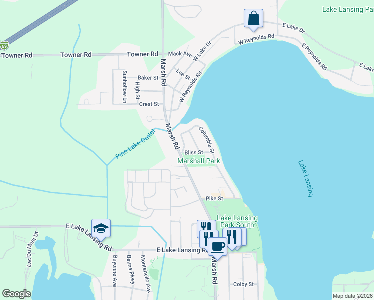 map of restaurants, bars, coffee shops, grocery stores, and more near 6235 Columbia Street in Meridian charter Township