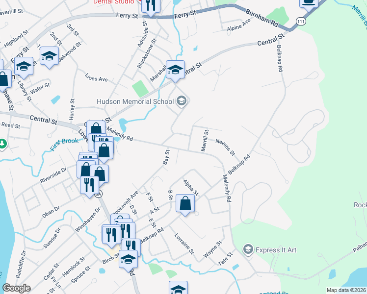 map of restaurants, bars, coffee shops, grocery stores, and more near 44 Melendy Road in Hudson