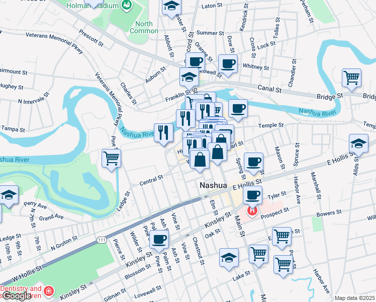 map of restaurants, bars, coffee shops, grocery stores, and more near 45 High Street in Nashua