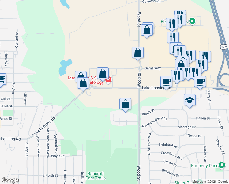 map of restaurants, bars, coffee shops, grocery stores, and more near 1634 Lake Lansing Road in Lansing