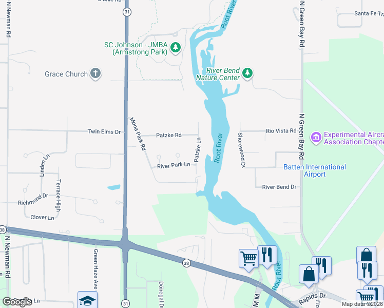 map of restaurants, bars, coffee shops, grocery stores, and more near 3322 Patzke Lane in Racine