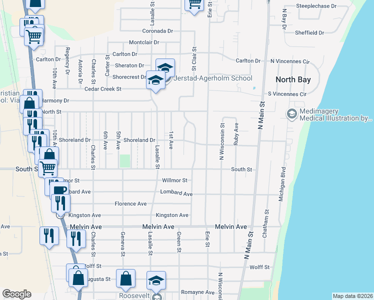 map of restaurants, bars, coffee shops, grocery stores, and more near 3349 Stratford Avenue in Racine