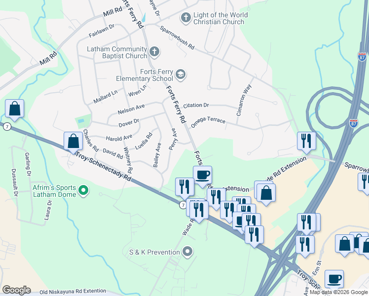 map of restaurants, bars, coffee shops, grocery stores, and more near 6 Ilene Place in Latham