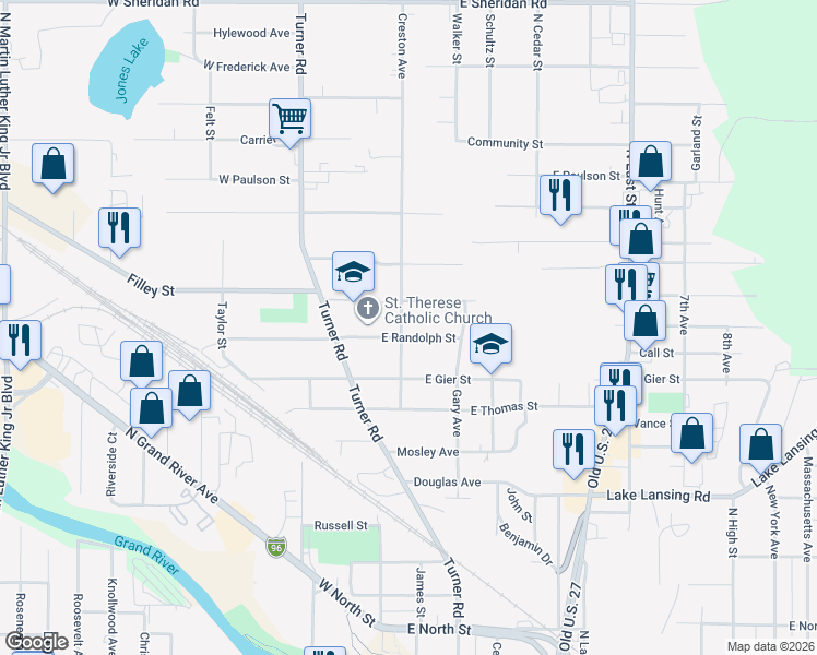 map of restaurants, bars, coffee shops, grocery stores, and more near 2617 Creston Avenue in Lansing