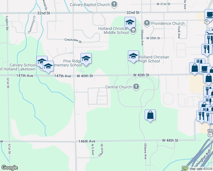 map of restaurants, bars, coffee shops, grocery stores, and more near 547 Brookstone Street in Holland