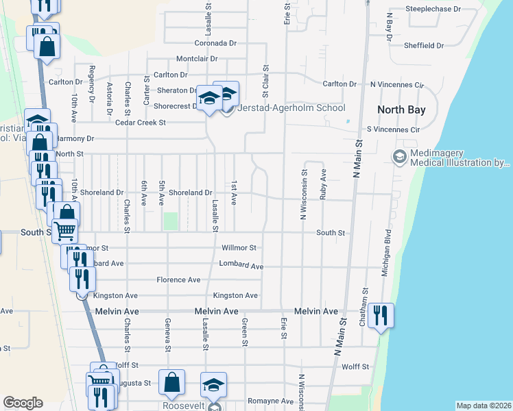 map of restaurants, bars, coffee shops, grocery stores, and more near 3349 Stratford Avenue in Racine