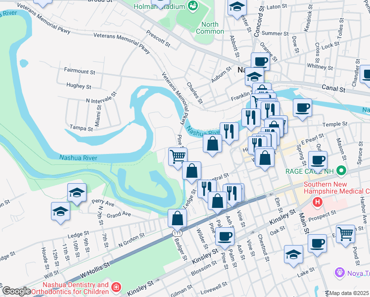 map of restaurants, bars, coffee shops, grocery stores, and more near Pine Street Extension in Nashua