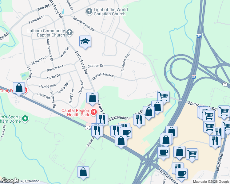 map of restaurants, bars, coffee shops, grocery stores, and more near 45 Forts Ferry Road in Latham