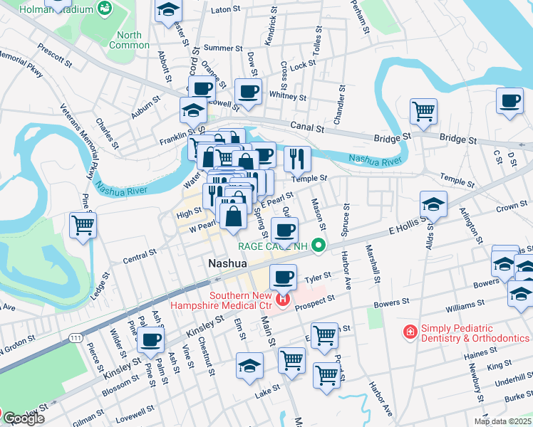 map of restaurants, bars, coffee shops, grocery stores, and more near 30 Spring Street in Nashua
