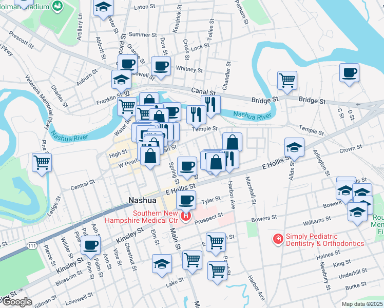map of restaurants, bars, coffee shops, grocery stores, and more near 6 Quincy Street in Nashua