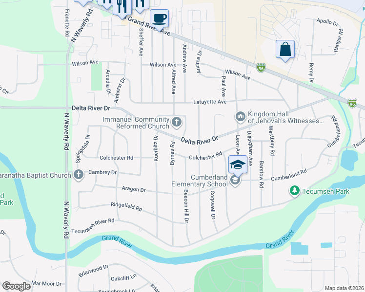 map of restaurants, bars, coffee shops, grocery stores, and more near 3133 Delta River Dr in Lansing