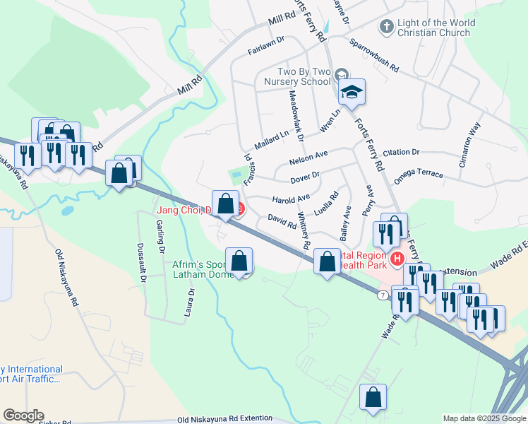 map of restaurants, bars, coffee shops, grocery stores, and more near 23 David Road in Latham