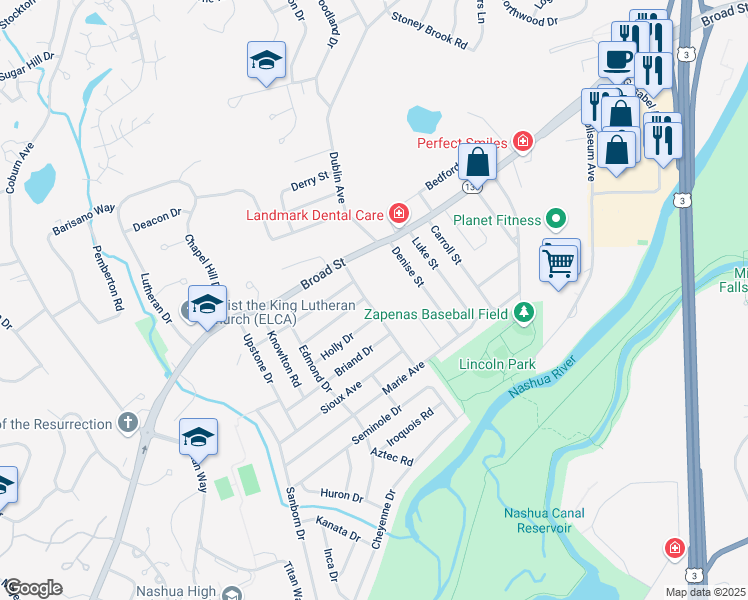 map of restaurants, bars, coffee shops, grocery stores, and more near 23 Beaver Street in Nashua