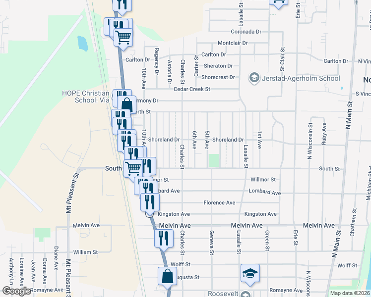 map of restaurants, bars, coffee shops, grocery stores, and more near 3343 Charles Street in Racine