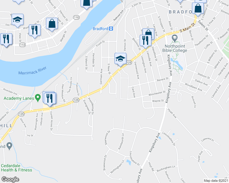 map of restaurants, bars, coffee shops, grocery stores, and more near 37 Kensington Avenue in Haverhill