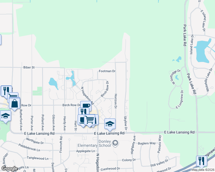 map of restaurants, bars, coffee shops, grocery stores, and more near 6190 Birch Row Drive in East Lansing