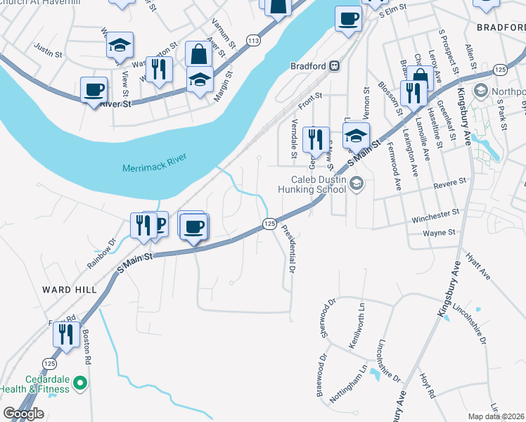 map of restaurants, bars, coffee shops, grocery stores, and more near 3 Franzone Drive in Haverhill
