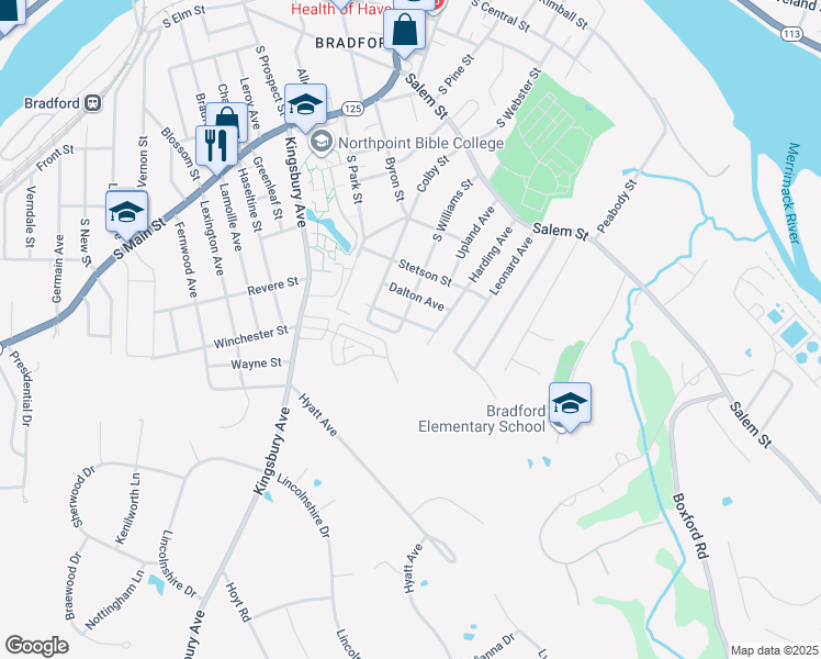map of restaurants, bars, coffee shops, grocery stores, and more near 7 Woodlawn Avenue in Haverhill