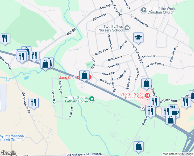 map of restaurants, bars, coffee shops, grocery stores, and more near 23 David Road in Latham