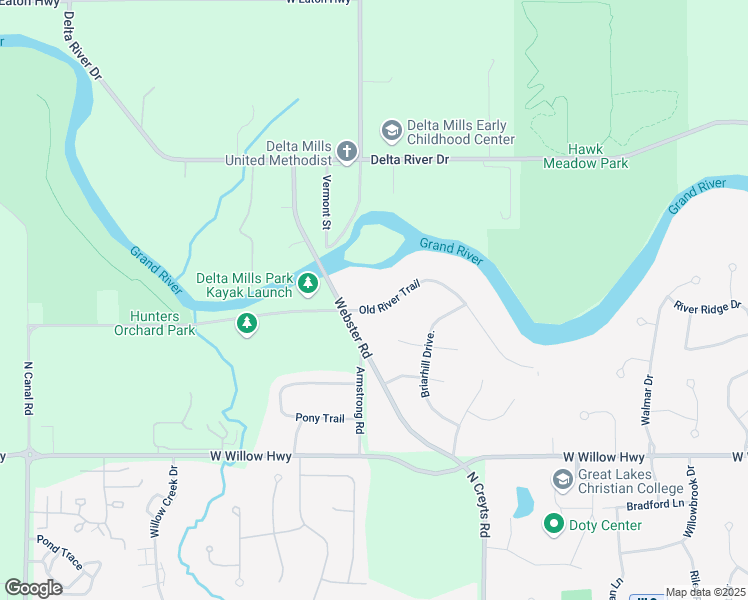 map of restaurants, bars, coffee shops, grocery stores, and more near 6658 Old River Trail in Lansing