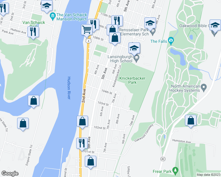 map of restaurants, bars, coffee shops, grocery stores, and more near 226 6th Avenue in Troy