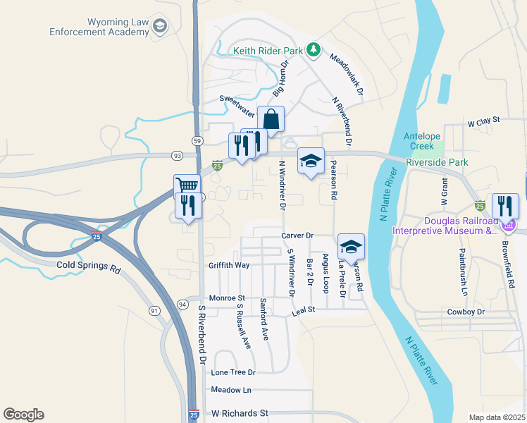 map of restaurants, bars, coffee shops, grocery stores, and more near 114 North Windriver Drive in Douglas