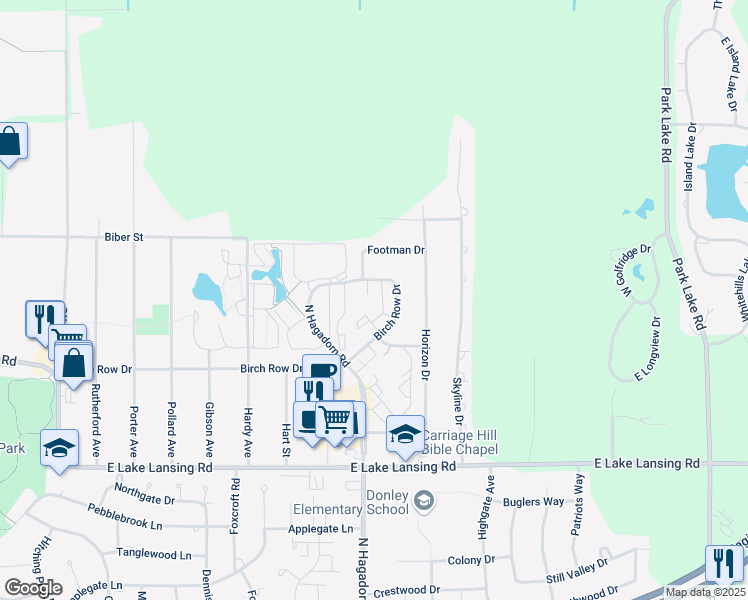 map of restaurants, bars, coffee shops, grocery stores, and more near 6222 Brookline Court in East Lansing