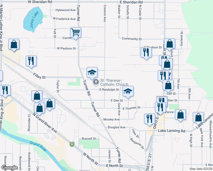 map of restaurants, bars, coffee shops, grocery stores, and more near 2617 Creston Avenue in Lansing