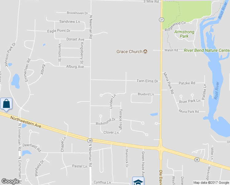 map of restaurants, bars, coffee shops, grocery stores, and more near 5210 Linden Lane in Racine