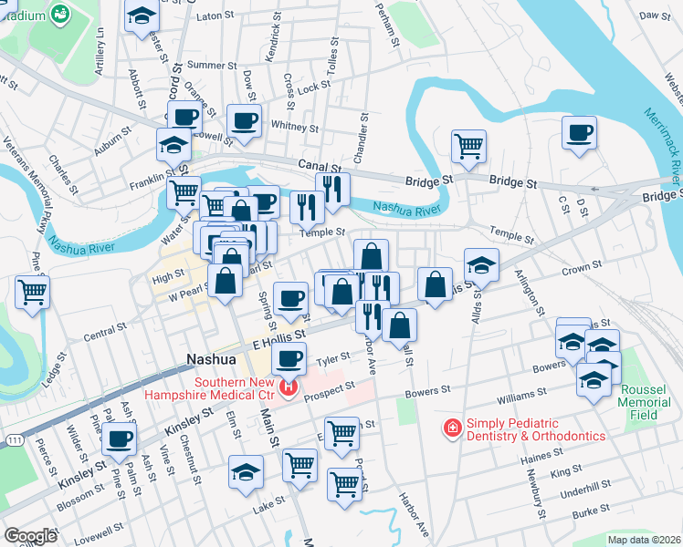 map of restaurants, bars, coffee shops, grocery stores, and more near 9 Mason Street in Nashua