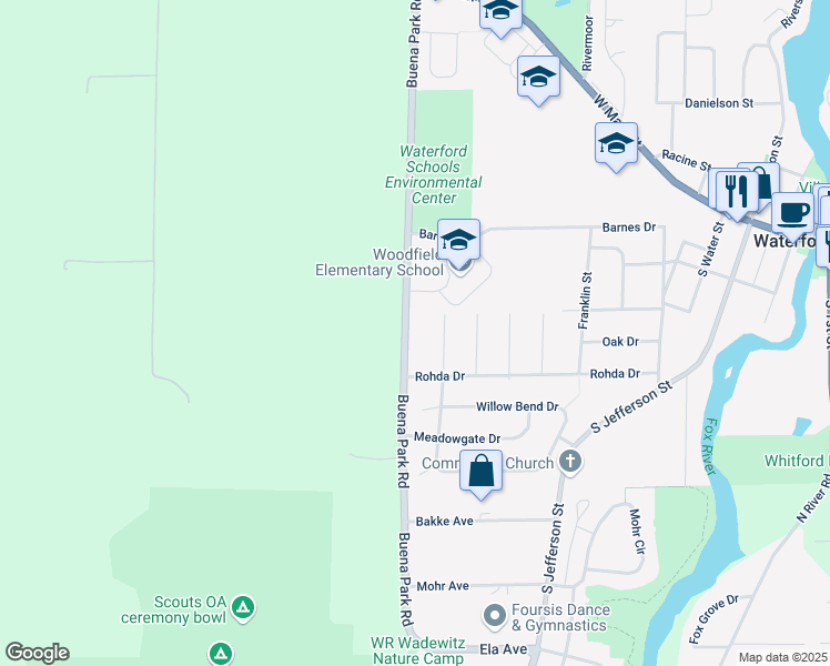map of restaurants, bars, coffee shops, grocery stores, and more near 403 Buena Park Road in Burlington