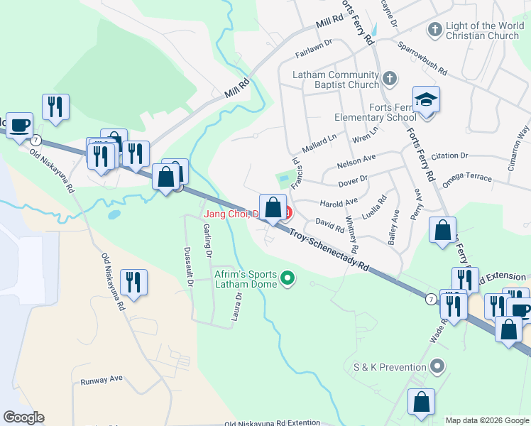 map of restaurants, bars, coffee shops, grocery stores, and more near 825 Troy-Schenectady Road in Latham
