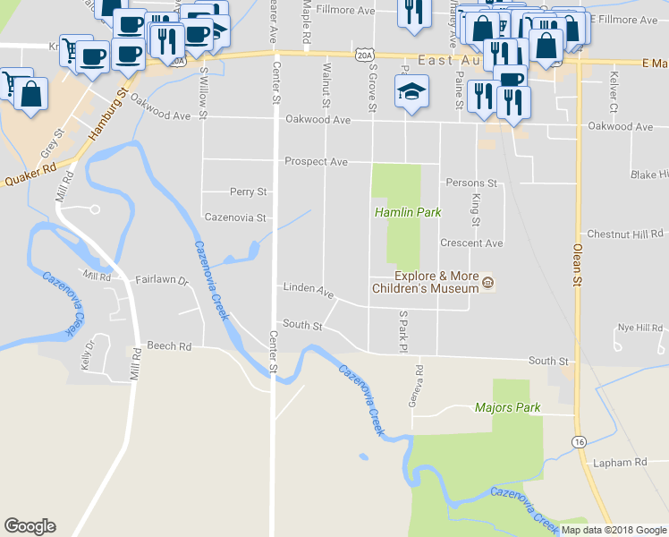 map of restaurants, bars, coffee shops, grocery stores, and more near 274 Walnut Street in East Aurora