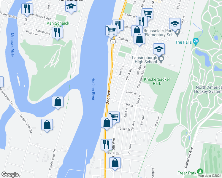 map of restaurants, bars, coffee shops, grocery stores, and more near 206 2nd Avenue in Troy